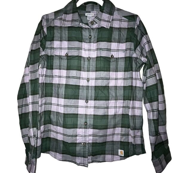Carhartt Flannel Plaid Button Down Shirt Wmn’s Sz S 4 / 6 Green Purple Gorpcore‎ - Picture 1 of 10